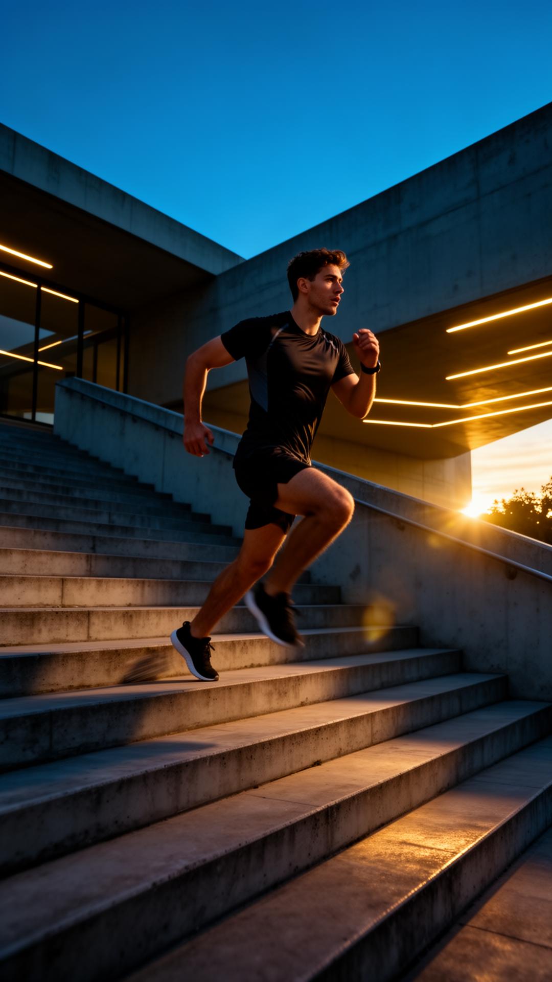 Atleta corre su scalinata moderna